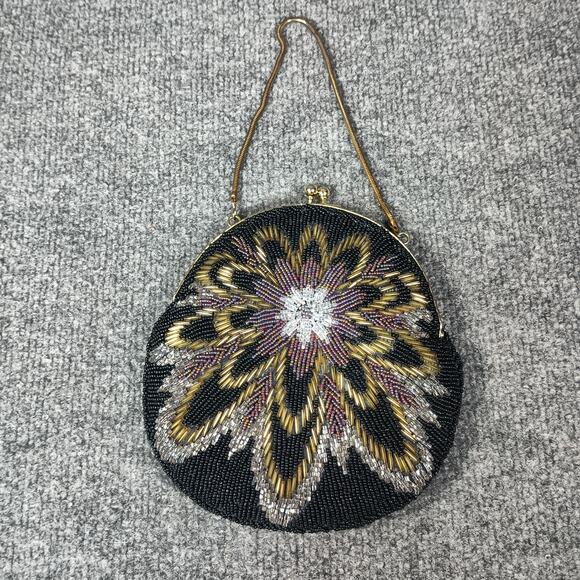 Unknown Handbags - Beaded Evening Bag Womens Black Gold Silver Floral Round Mini Purse
